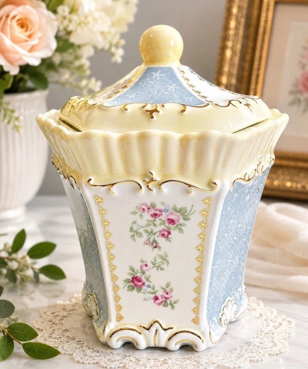 Simply Shabby Chic Romantic Carousel Pink Blue Gold Ruffle Floral Canister Lid